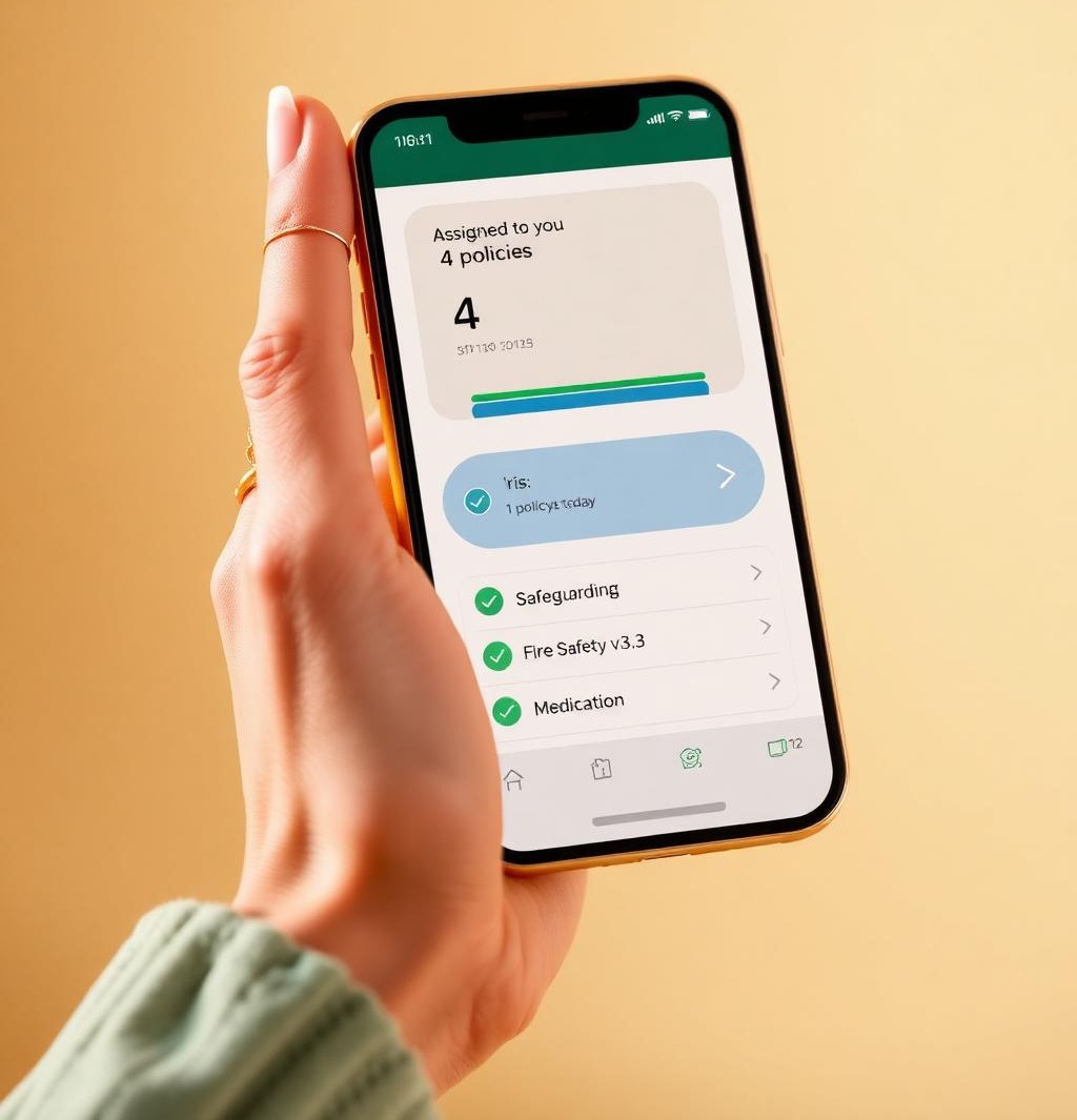 A care worker reviewing and signing assigned policies on the IrisVault Ireland mobile app